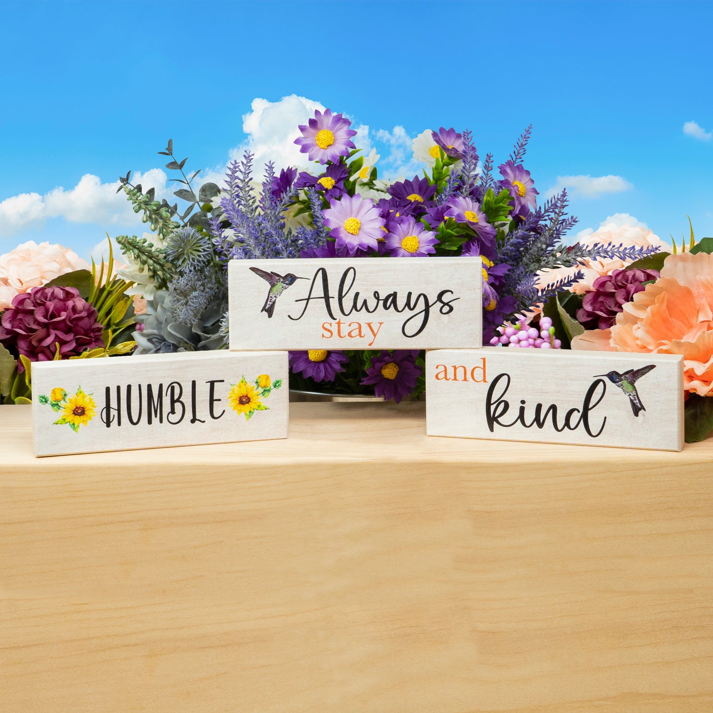 JennyGems Sunflower Decor, Always Stay Humble and Kind Wooden Block Signs, Tiered Tray Spring Decoration, Made in USA