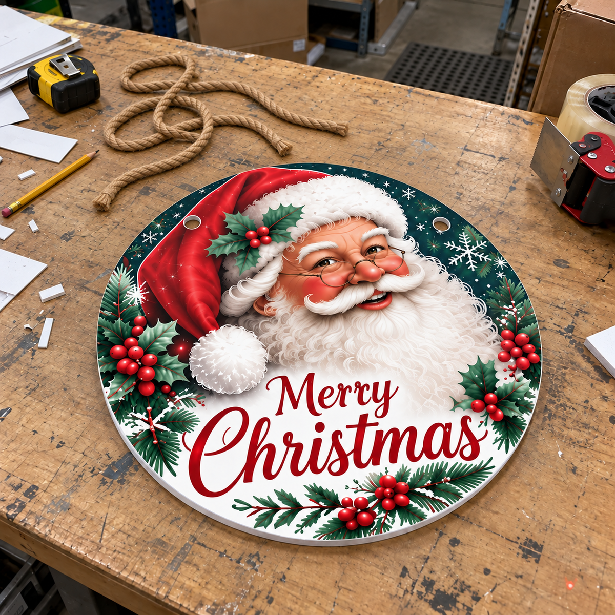 Vintage Santa Merry Christmas Round Christmas Door Hanger 15.75 Inch