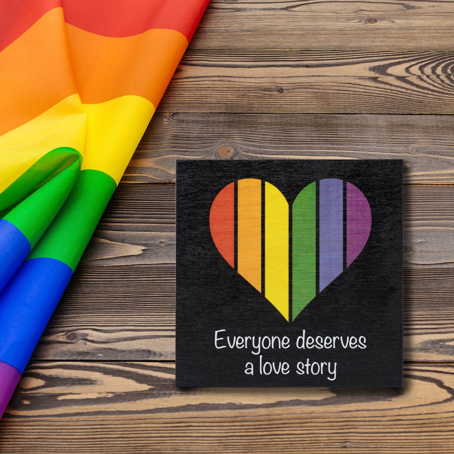 JennyGems Everyone Deserves a Love Story, Rainbow Flag Decorations, Gay Pride Sign, Rainbow Pride Decorations, Gay and Lesbian LGBT Gifts, 5.5x5.5 Inch Wood Sign, LGBTQ Pride Gifts