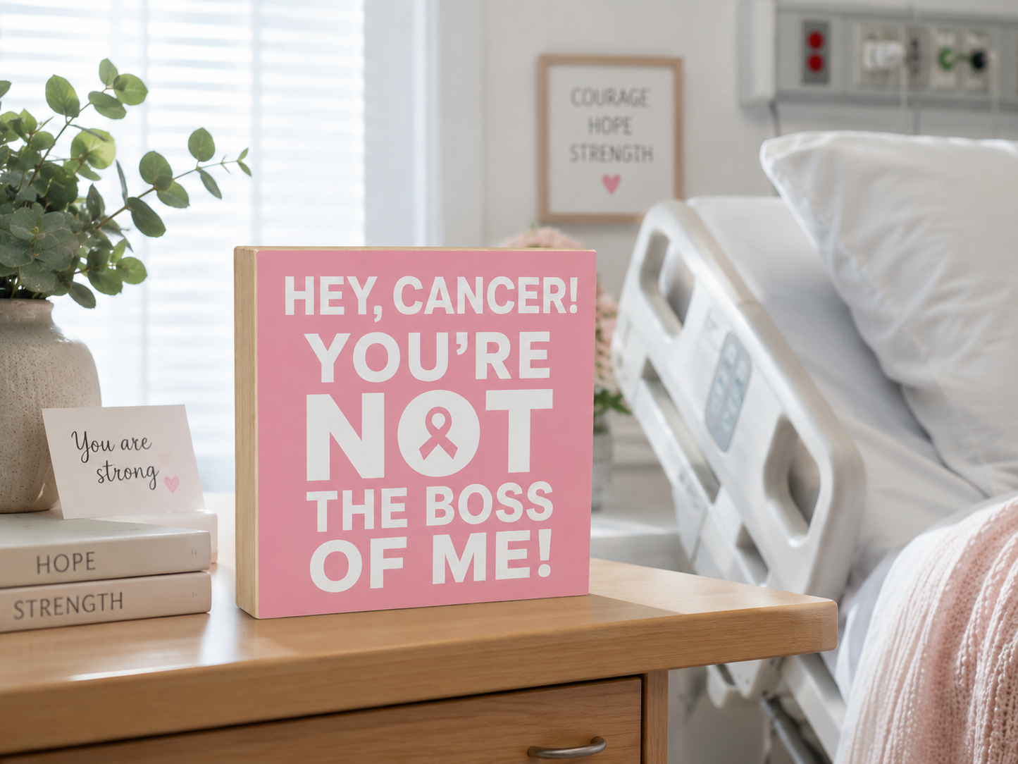 Hey Cancer You're Not The Boss of Me Teal Wooden Sign