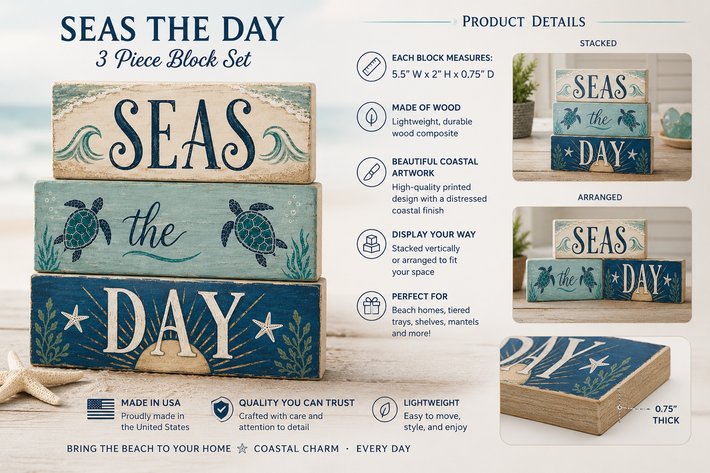 Seas the Day Coastal Wood Block Set – 3-Piece Beach Decor, Nautical Home Accent for Shelf, Desk, or Table