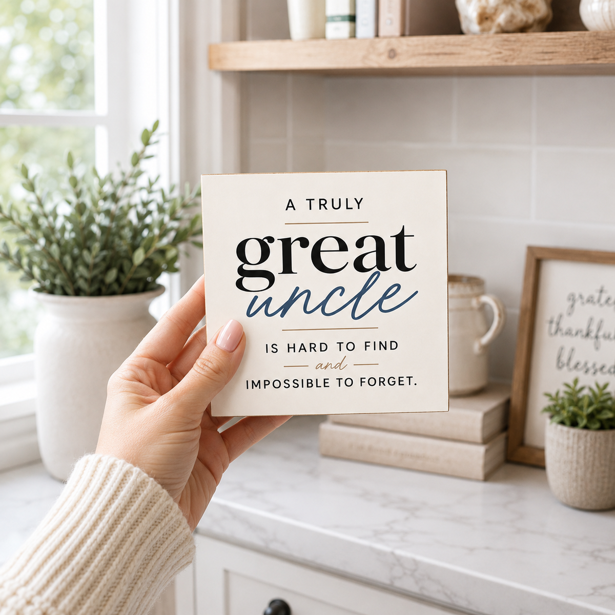 A hand holds a square cream-colored decorative sign with the text 'A TRULY great uncle IS HARD TO FIND and IMPOSSIBLE TO FORGET.' in black and navy lettering.