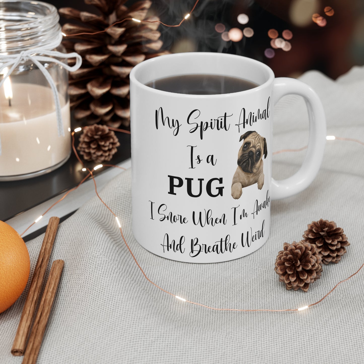 My Spirit Animal Is a Pug Ceramic Mug, Funny Pug Lover Gift, Snoring Pug Humor Coffee Cup, Dog Owner Gag Gift, 11oz White Ceramic Mug