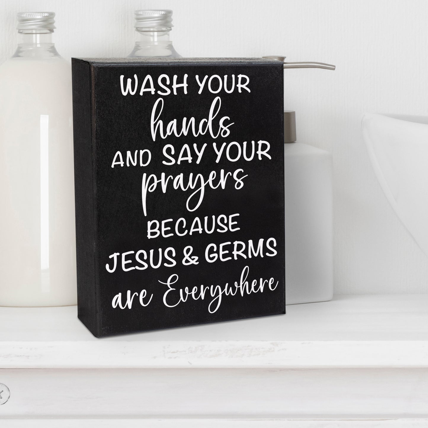 JennyGems Wash Your Hands & Say Your Prayers Sign Funny Farmhouse Bathroom Decor, Jesus and Germs Sign, Cute Farmhouse Bathroom Signs, Rustic Bathroom Wall Art Guest Bathroom Wall Decor