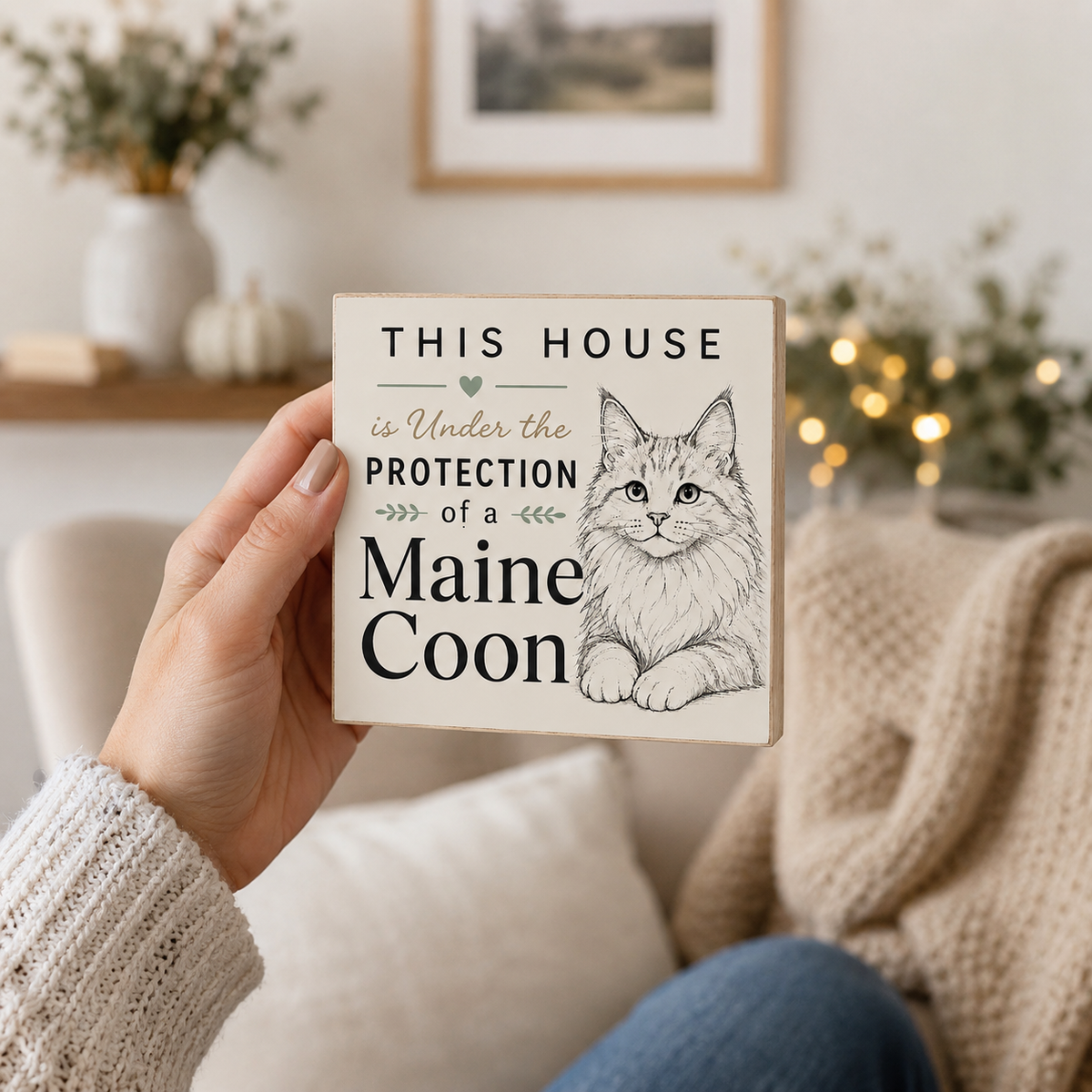 A hand holds a square decorative sign that reads 'THIS HOUSE is Under the PROTECTION of a Maine Coon' with a black-and-white Maine Coon cat illustration. The scene is set in a cozy living room with a knitted blanket, fireplace lighting, and framed wall art in the background.