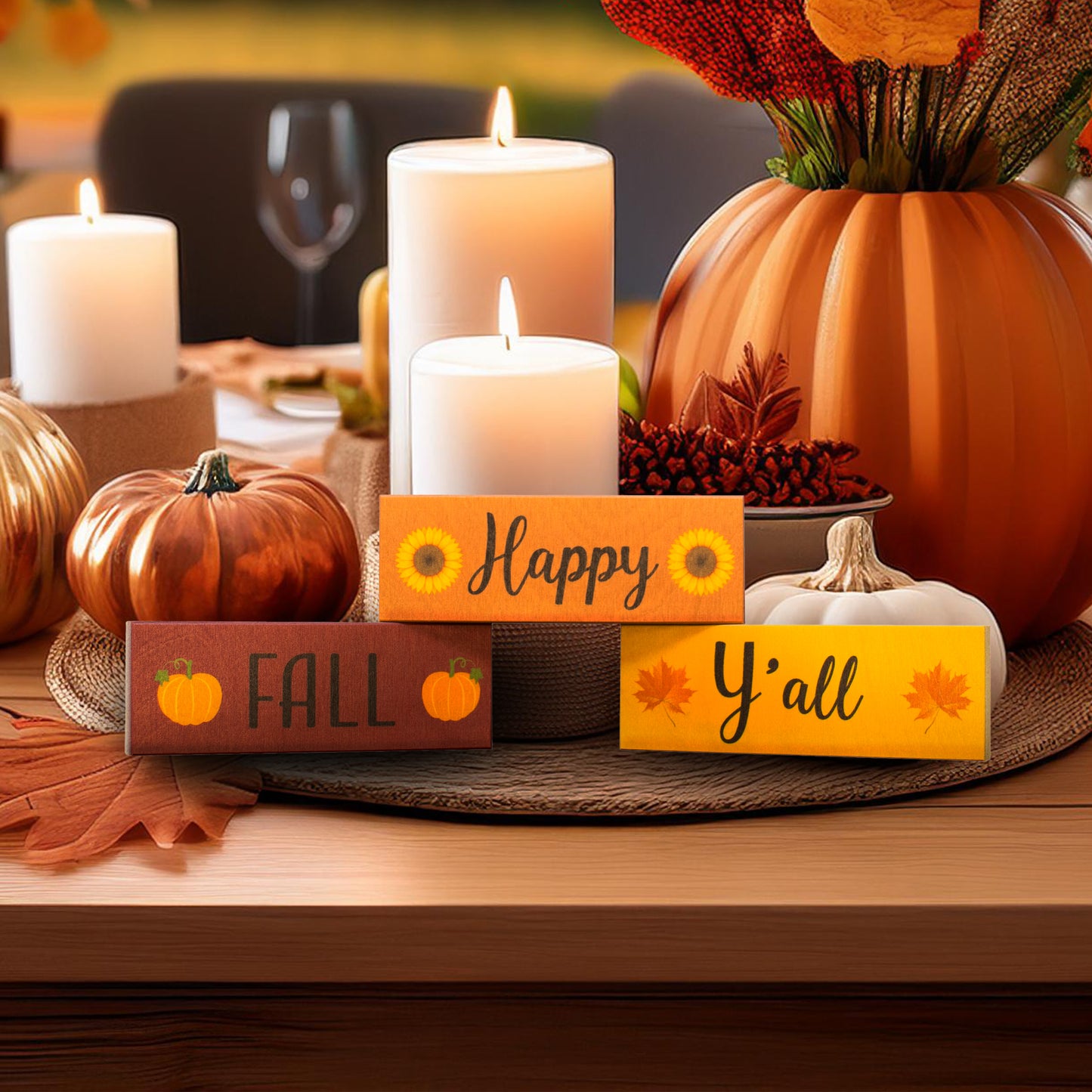 Fall Decor, Happy Fall Y’all Wooden Block Signs, Fall Tiered Tray, Fall Decorations for Home, Autumn Thanksgiving Decorations, Made in USA