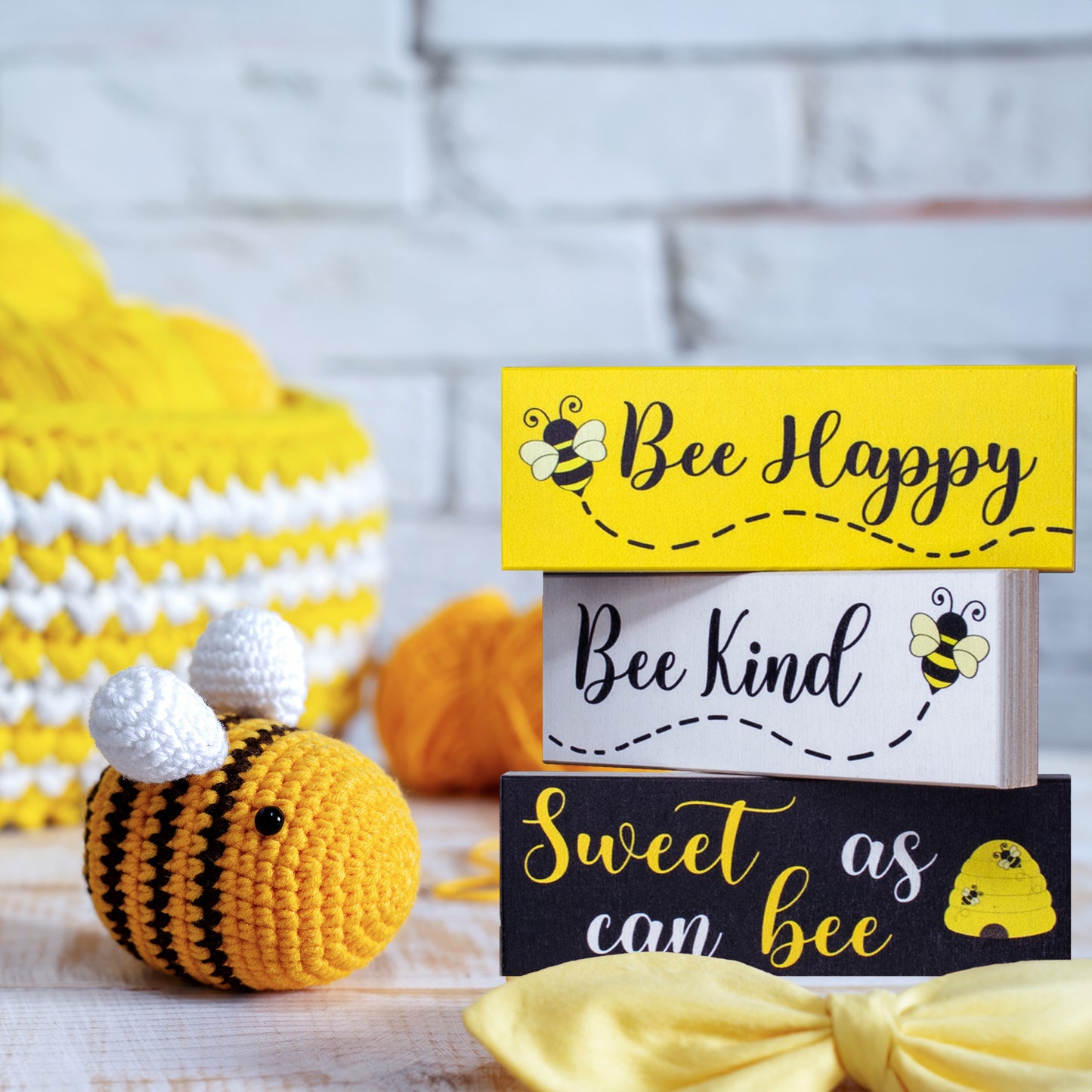 JennyGems Bee Decor, Spring Farmhouse Accents, Bee Happy Kind Sweet, 3pc Wooden Block Set, Tiered Tray, Mantel Decorations, Made in USA