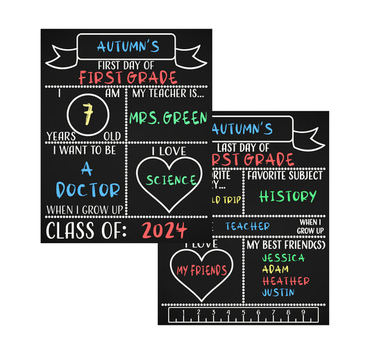 JennyGems First Day of School Sign, Reusable Double Sided Back To School Sign, Last Day of School Chalkboard, School Photo Prop, Made in USA