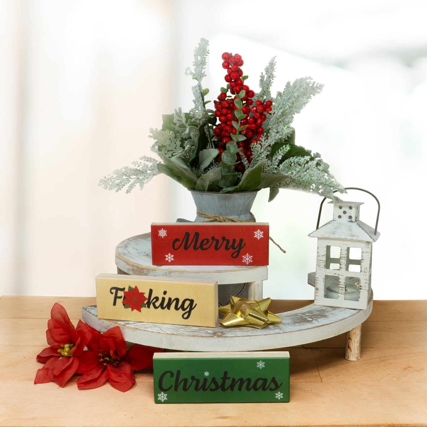 JennyGems Inappropriate Funny Christmas Gifts, Funny Christmas Decorations, Set Of 3 Merry Christmas Wood Blocks, Christmas Decor, Tiered Tray Decor, Mantel Decor, Stocking Stuffers