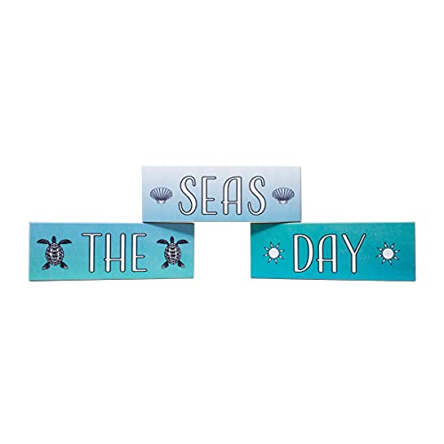 Seas the Day Coastal Wood Block Set – 3-Piece Beach Decor, Nautical Home Accent for Shelf, Desk, or Table