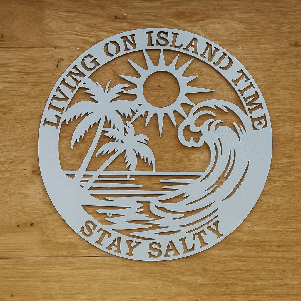 Living on Island Time Stay Salty Sign – Outdoor PVC Beach House Wall Art, Coastal Decor, Tropical Wave & Palm Tree, 3 Foot