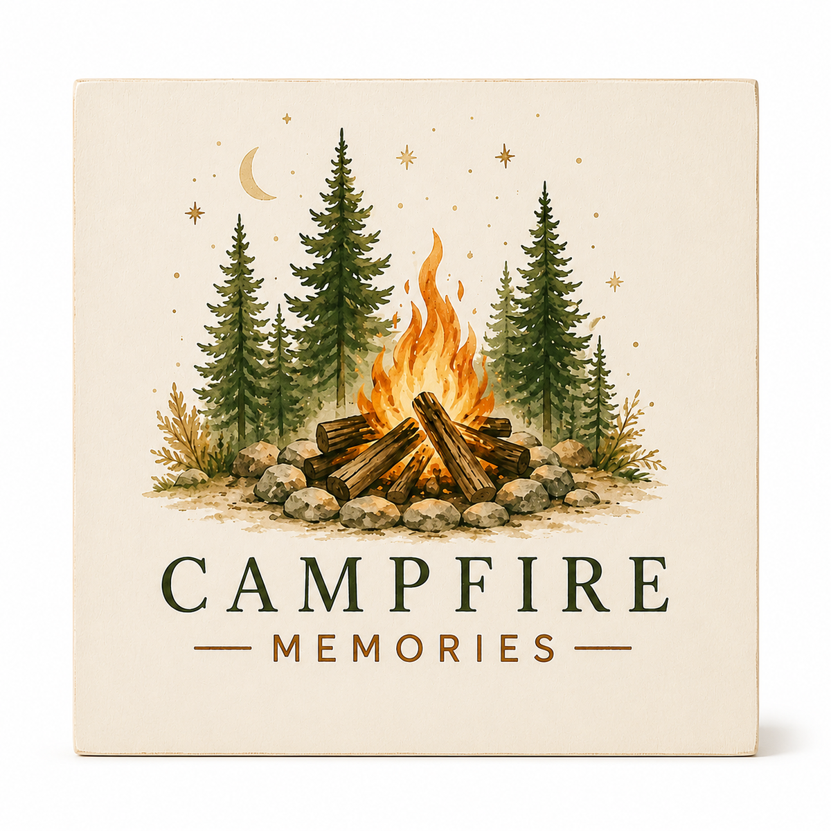 A square cream-colored ceramic tile coaster featuring an illustration of a campfire with pine trees, stars, and a crescent moon, with the text 'CAMPFIRE MEMORIES' printed below.