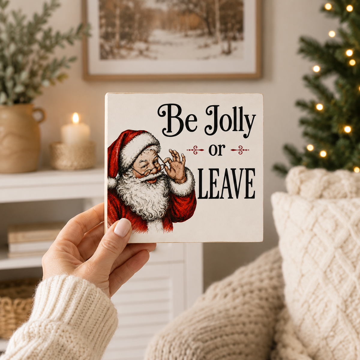 A hand in a cream knit sweater holds a square ceramic tile sign that reads 'Be Jolly or LEAVE' with an illustration of Santa Claus. The background shows a cozy holiday living room scene with a lit Christmas tree, candles, and a knitted throw blanket.