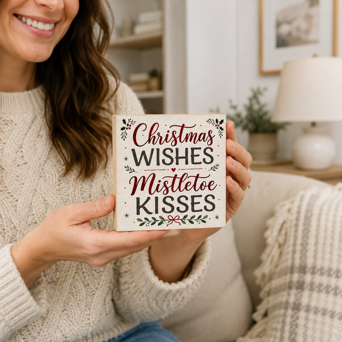 A woman in a cream cable-knit sweater holds a square wooden sign with the phrase 'Christmas Wishes Mistletoe Kisses' in dark lettering with red script and small holly accents. The background shows a cozy living room setting with a lamp, framed art, and a throw blanket.