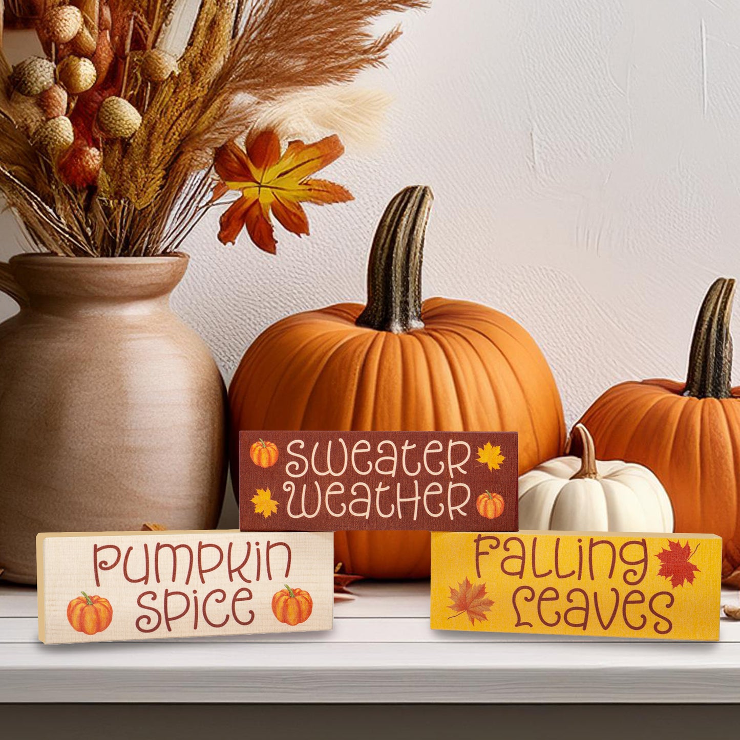 JennyGems Fall Decor, Fall Blocks Signs Pumpkin Spice Fall Decorations, Sweater Weather, Mantel and Tabletop Accents, Fall Tiered Tray Decor Made in USA