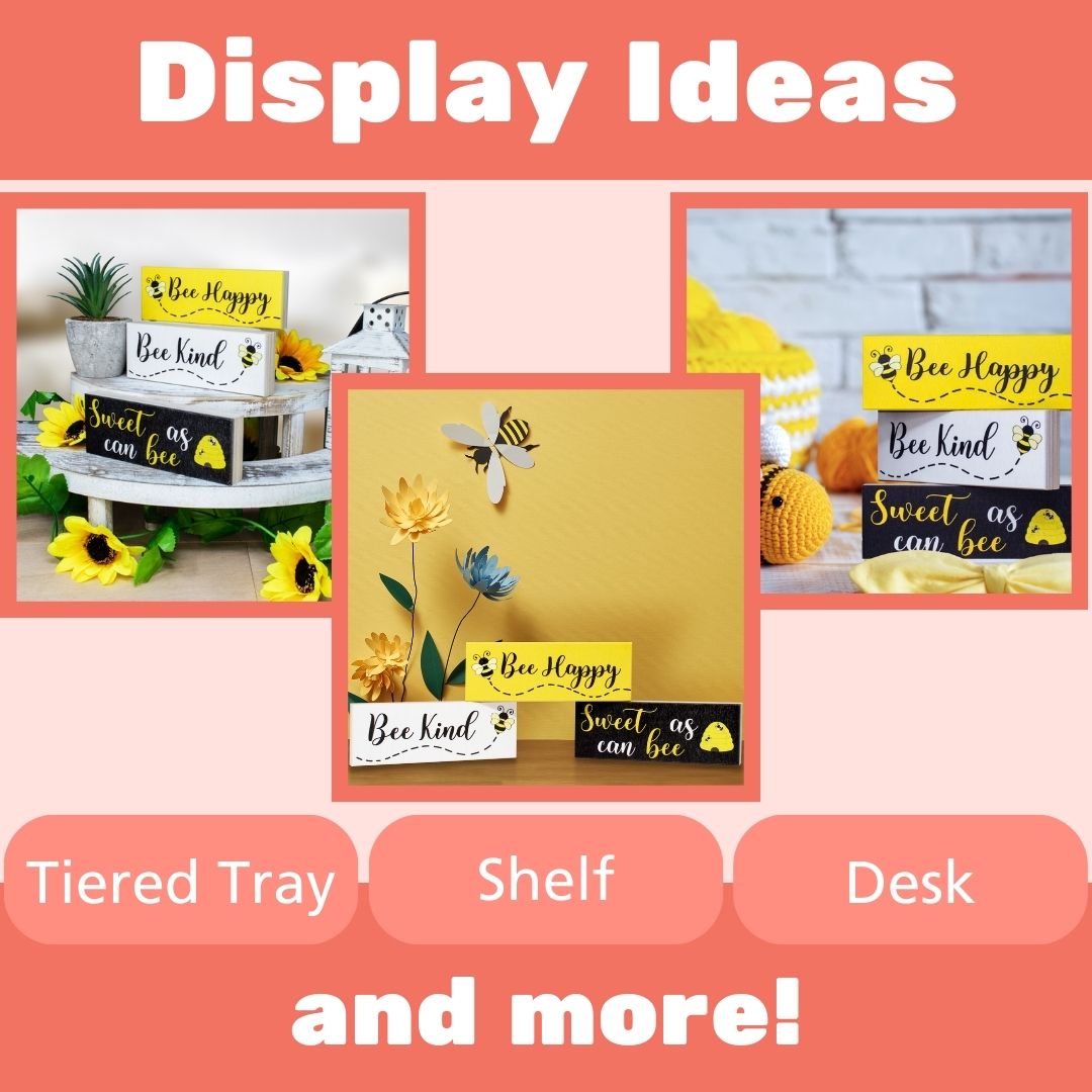 JennyGems Bee Decor, Spring Farmhouse Accents, Bee Happy Kind Sweet, 3pc Wooden Block Set, Tiered Tray, Mantel Decorations, Made in USA