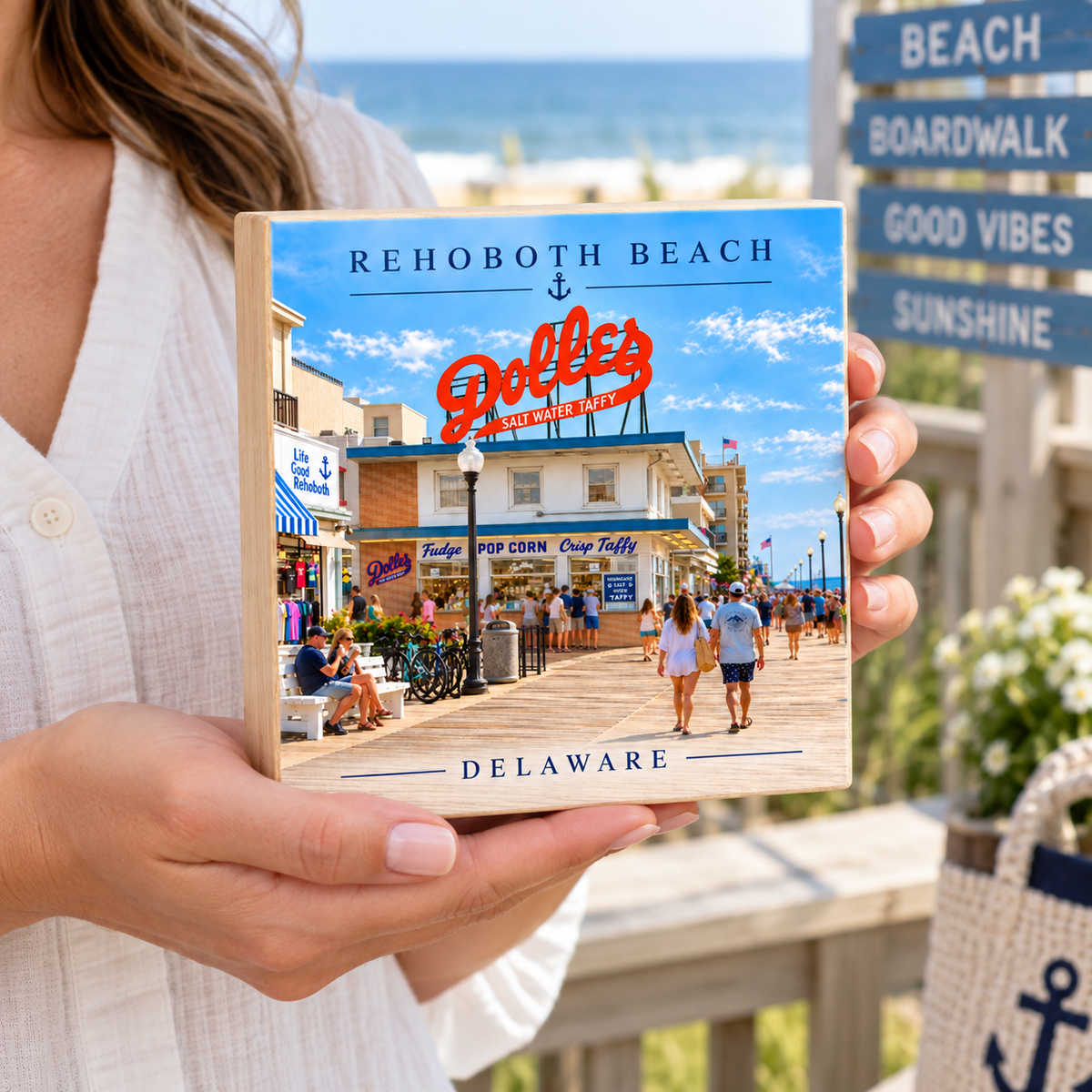 A person in a white top holds a square wooden coaster featuring a printed photograph of Rehoboth Beach in Delaware. The coaster has a light wood border and a colorful beach boardwalk scene with the words 'REHOBOTH BEACH', 'Delawades', and 'DELAWARE'.