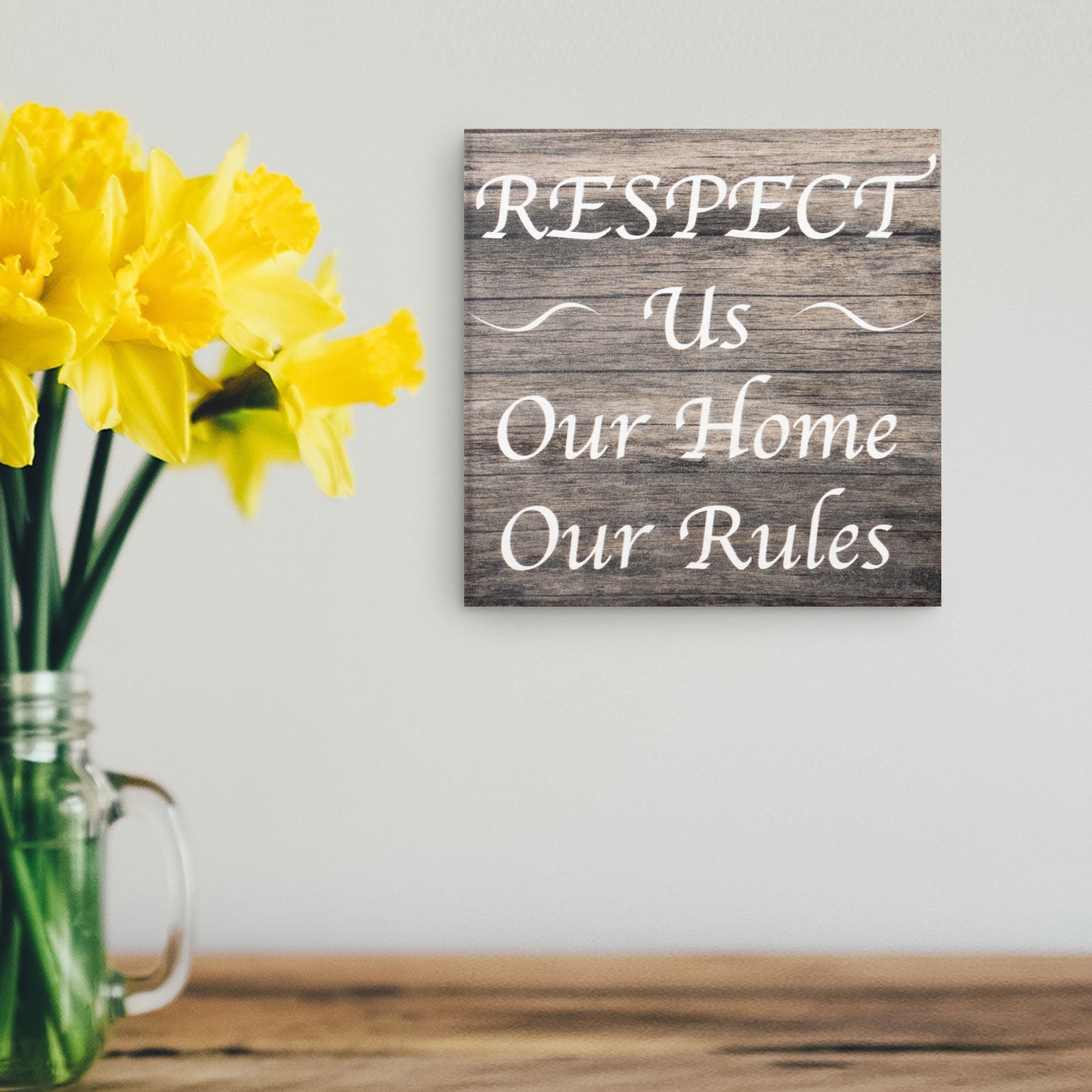 JennyGems Respect Us Our House Our Rules, 5.5x5.5 Inch Wood Shelf Sign, Wall Decor, House Rules Sign for Rental Properties, Vacation Home Signs, Visitor Signs, American Made