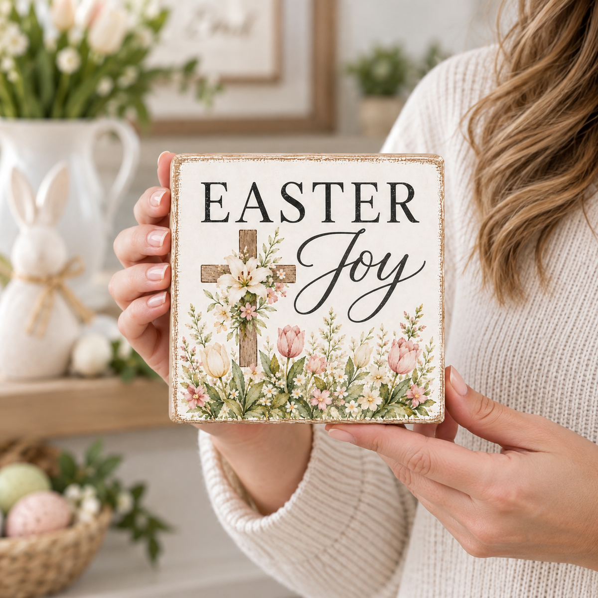 A person in a cream knit sweater holds a square decorative sign that reads “Easter Joy” with a floral cross and pastel flowers. The background shows a softly styled home interior with a white bunny figurine and Easter decorations.