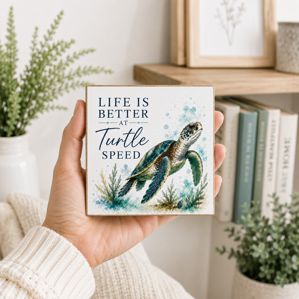 A hand holds a square ceramic tile sign featuring a watercolor sea turtle and the text 'LIFE IS BETTER AT Turtle SPEED' in a cozy indoor setting with books and plants in the background.