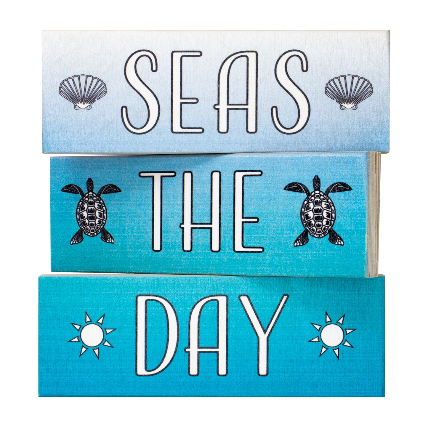 Seas the Day Coastal Wood Block Set – 3-Piece Beach Decor, Nautical Home Accent for Shelf, Desk, or Table