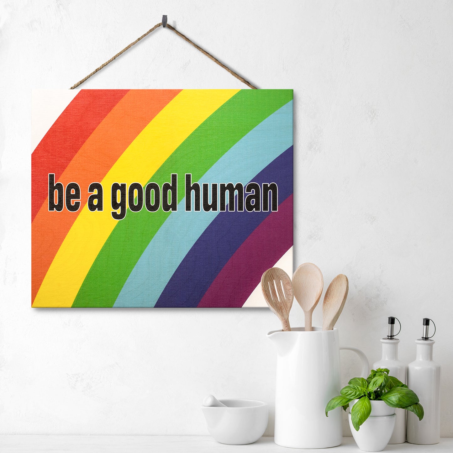 JennyGems Be a Good Human, Rainbow Pride Decorations, Gay Pride Sign, Welcome Hanging Sign Gay LGBT LGBTQ Pride, 10x12 Inch Wood Sign, Inclusive, Gay and Lesbian Gifts, Love is Love