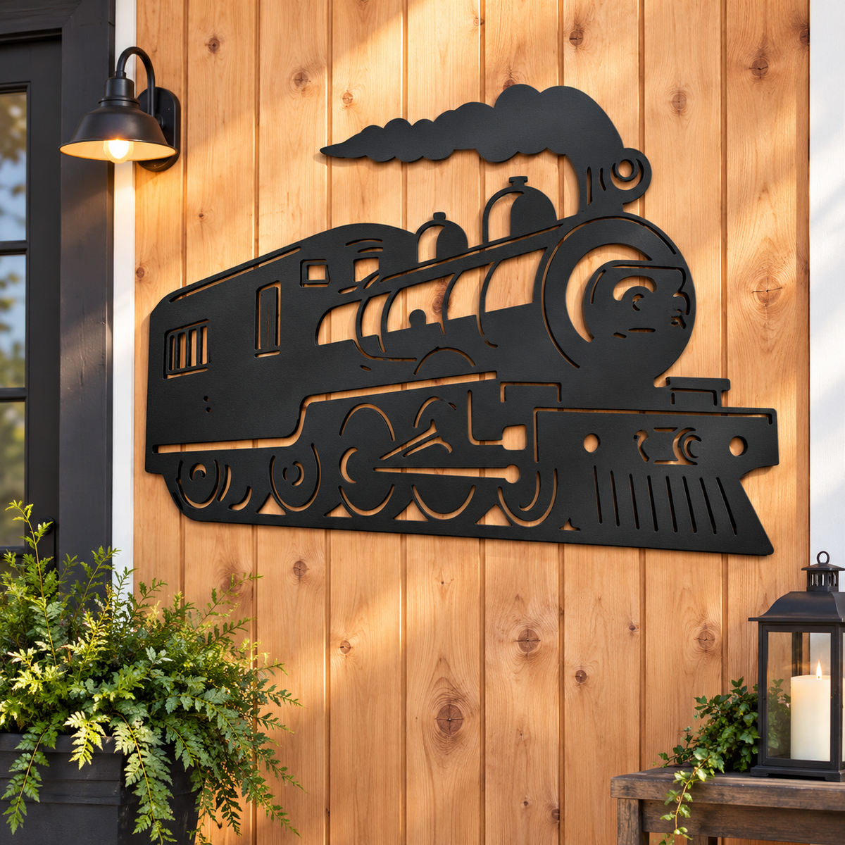 Outdoor Train Steam Locomotive Wall Art – Black PVC Railroad Decor – Train Car