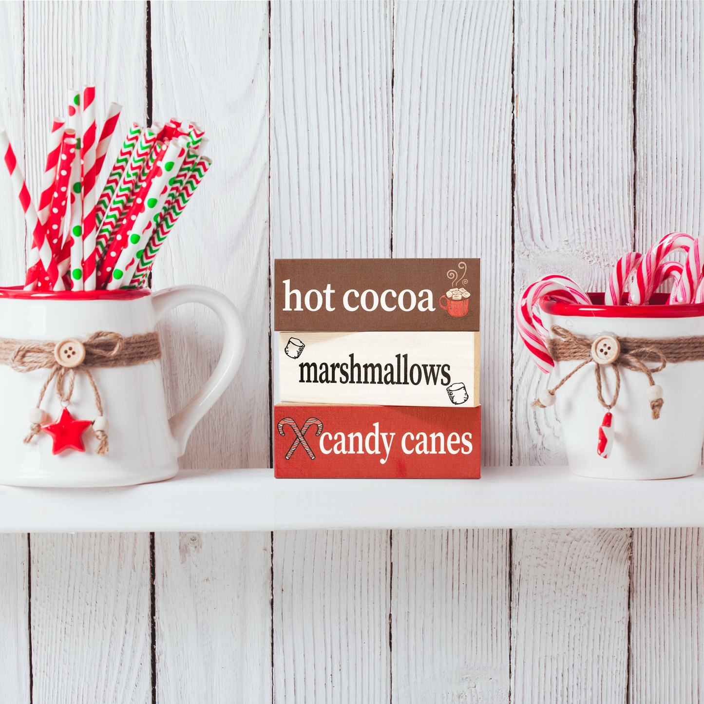JennyGems Christmas Decor, Hot Cocoa Marshmallows Candy Canes, 3pc Mini Wooden Block Signs, Christmas Gifts, Made in USA