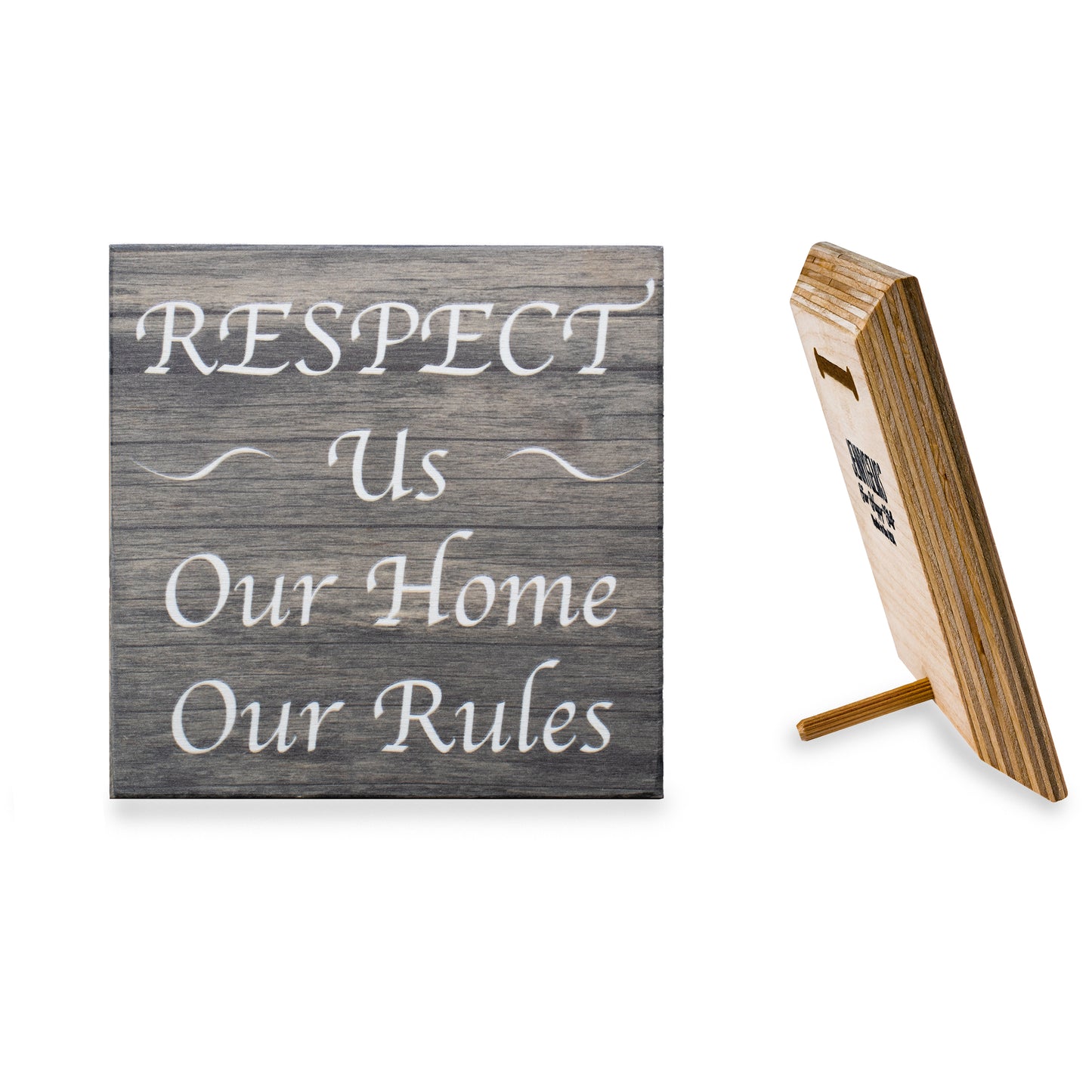 JennyGems Respect Us Our House Our Rules, 5.5x5.5 Inch Wood Shelf Sign, Wall Decor, House Rules Sign for Rental Properties, Vacation Home Signs, Visitor Signs, American Made