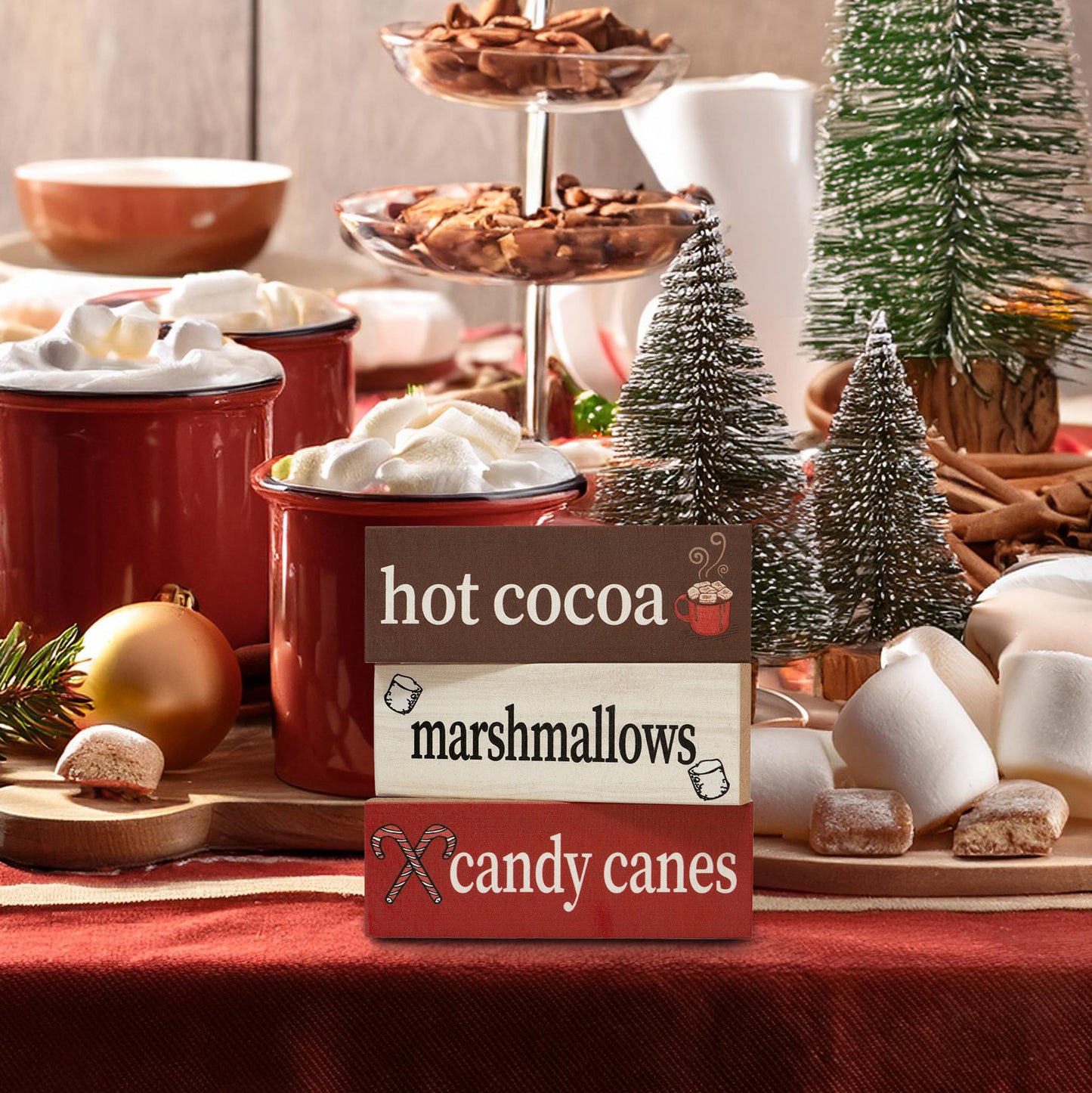 JennyGems Christmas Decor, Hot Cocoa Marshmallows Candy Canes, 3pc Mini Wooden Block Signs, Christmas Gifts, Made in USA