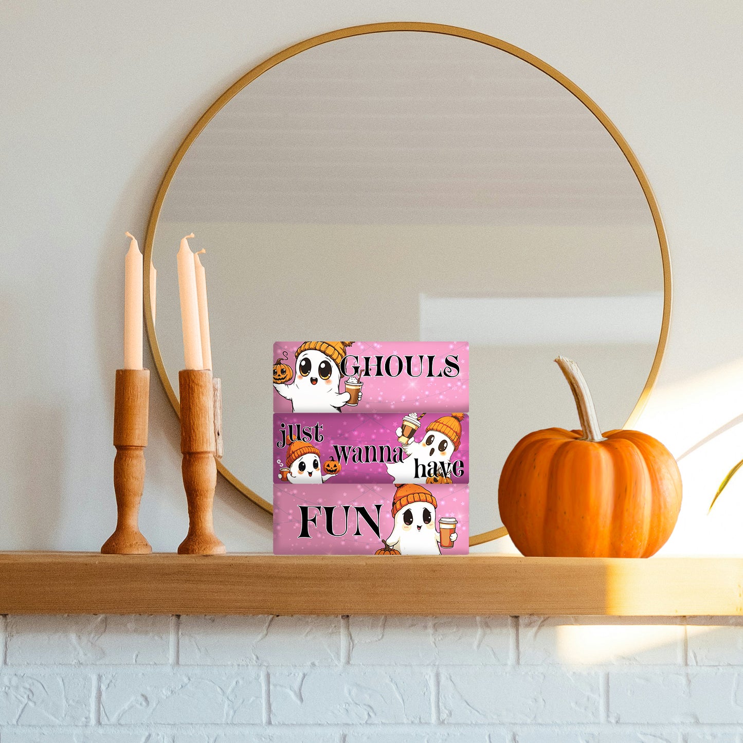 Ghouls Just Wanna Have Fun Cute Girl Ghosts Pink Pumpkin Spice Fall Decor, 3pc Halloween Wooden Block Set, Halloween Decorations