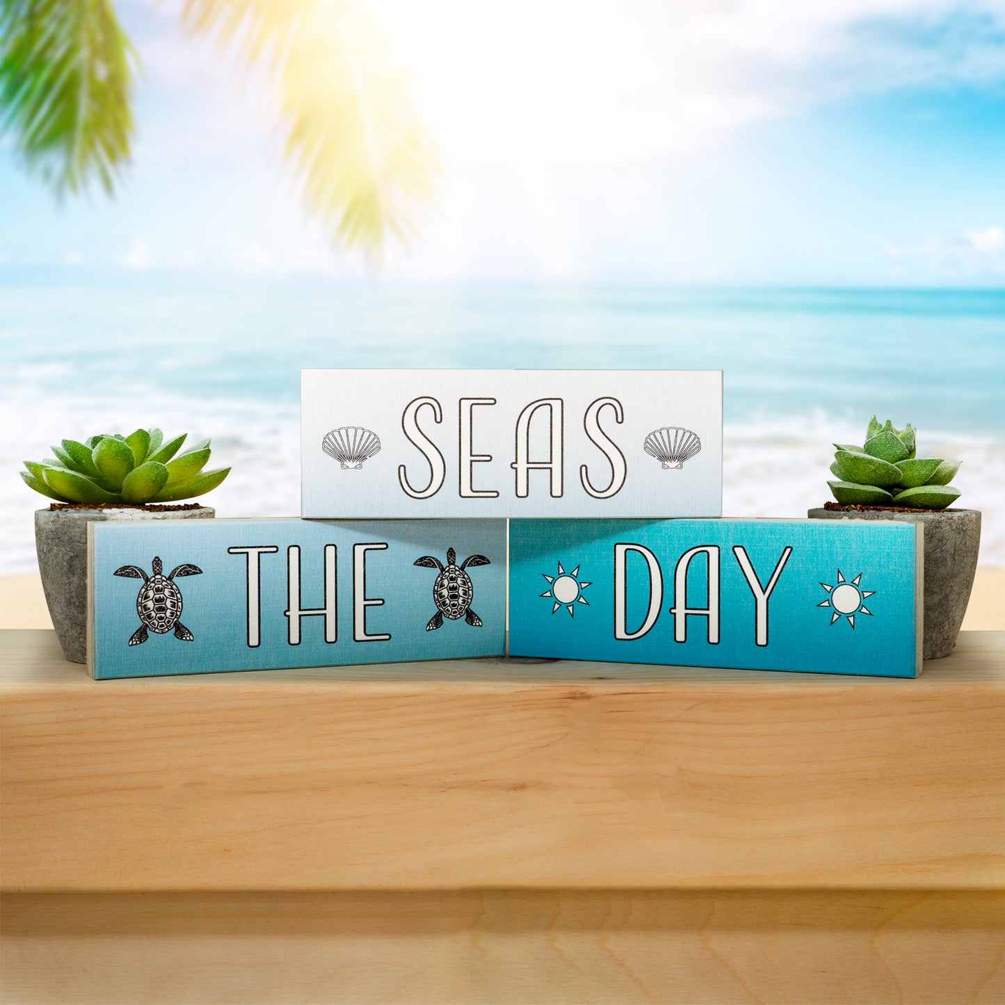 Seas the Day Coastal Wood Block Set – 3-Piece Beach Decor, Nautical Home Accent for Shelf, Desk, or Table