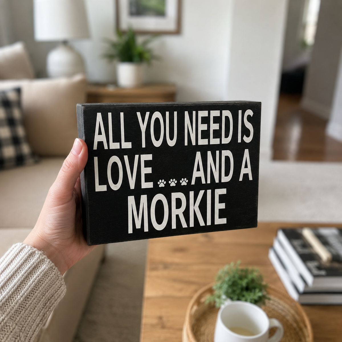 A hand holds a black rectangular wooden sign with white text that reads 'ALL YOU NEED IS LOVE.