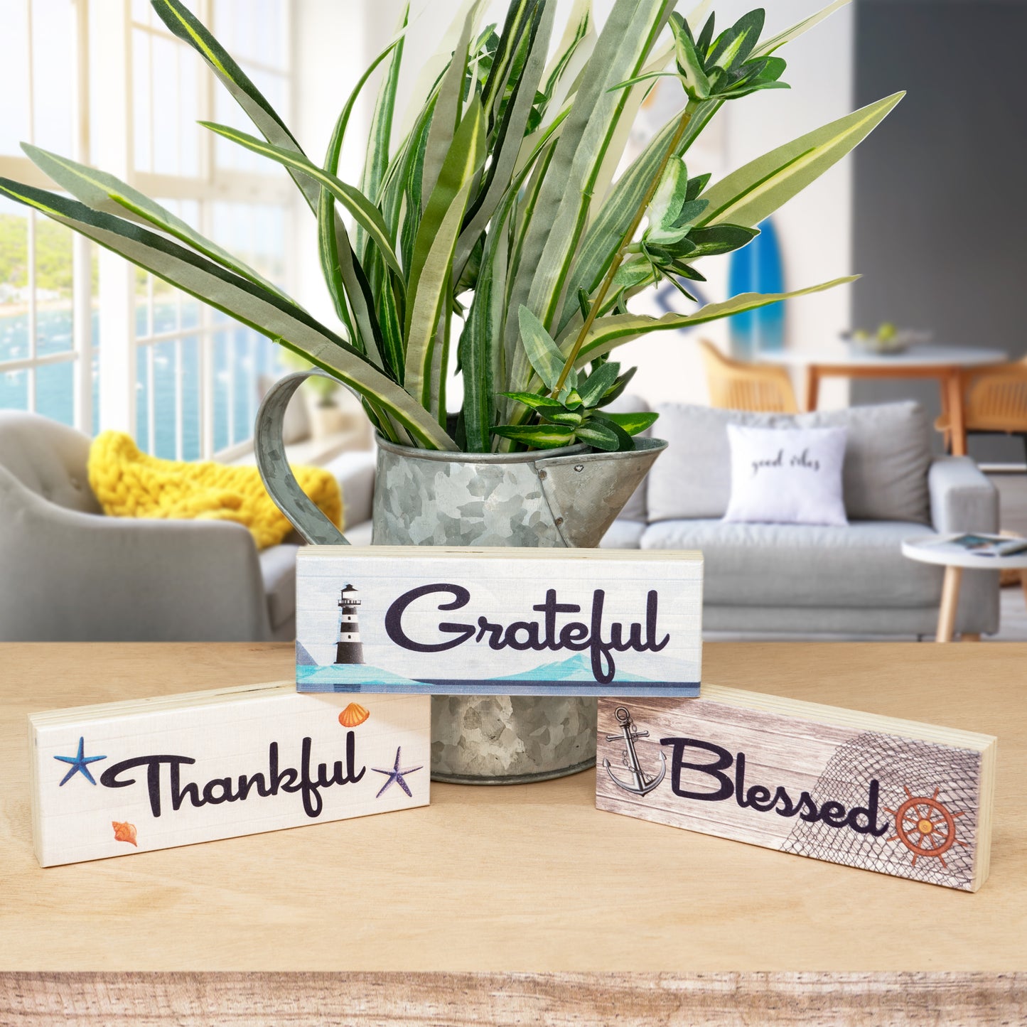 JennyGems Coastal Farmhouse Thankful Grateful Blessed Signs, Tiered Tray Decor 3 Mini Wood Block Signs, Beach House Decor, Beach Signs, Inspirational Quotes Friendship Gifts, Farmhouse Home Decor