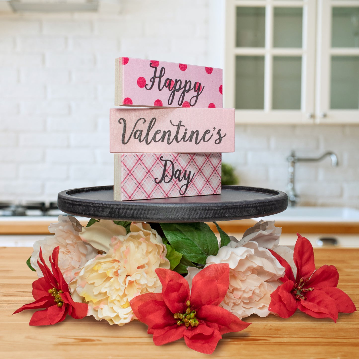 JennyGems Happy Valentines Day Sign Decor Gift, Valentine's Day Decorations, Valentines Day Gift Signs, Set of 3 Mini Block Set, 5.5x2x.75 Inches Each, Valentine's Decor, American Made