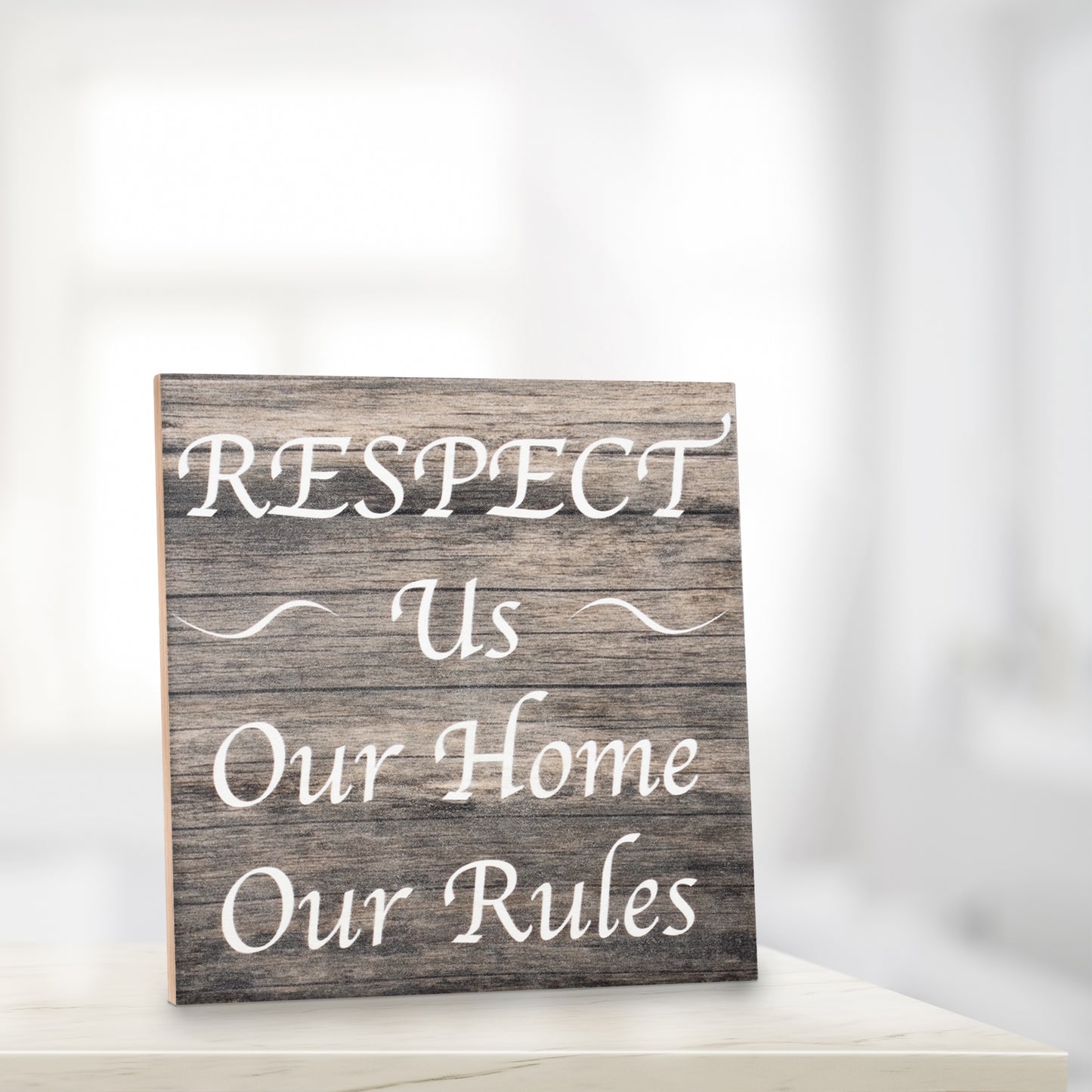 JennyGems Respect Us Our House Our Rules, 5.5x5.5 Inch Wood Shelf Sign, Wall Decor, House Rules Sign for Rental Properties, Vacation Home Signs, Visitor Signs, American Made