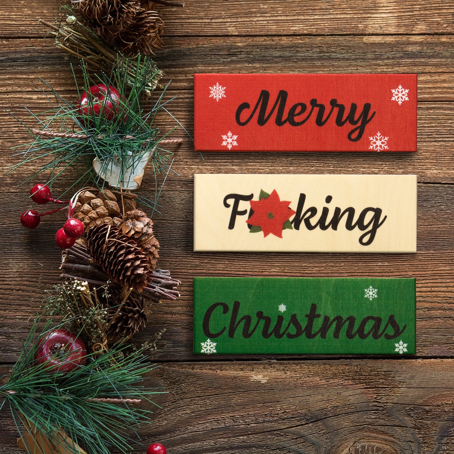 JennyGems Inappropriate Funny Christmas Gifts, Funny Christmas Decorations, Set Of 3 Merry Christmas Wood Blocks, Christmas Decor, Tiered Tray Decor, Mantel Decor, Stocking Stuffers