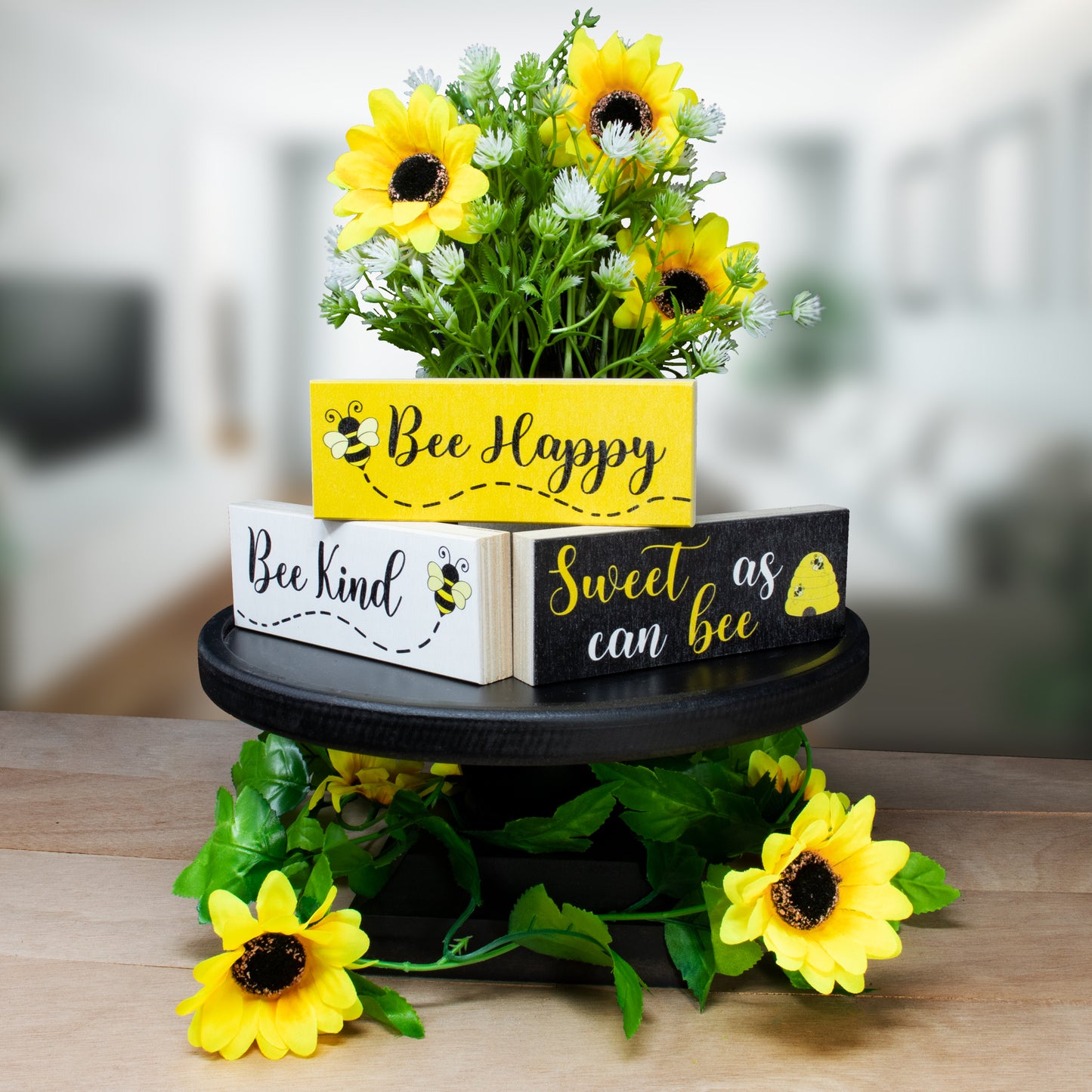 JennyGems Bee Decor, Spring Farmhouse Accents, Bee Happy Kind Sweet, 3pc Wooden Block Set, Tiered Tray, Mantel Decorations, Made in USA