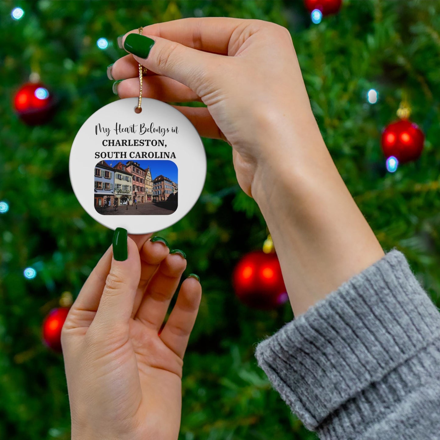 My Heart Belongs in Charleston SC Ornament, Rainbow Row Ceramic Christmas Tree Decoration, Charleston Souvenir, South Carolina Gift