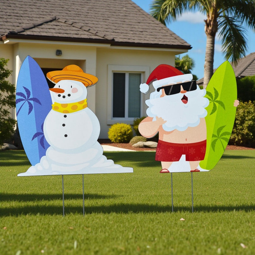 Santa and Snowman Coastal Surf Yard Signs