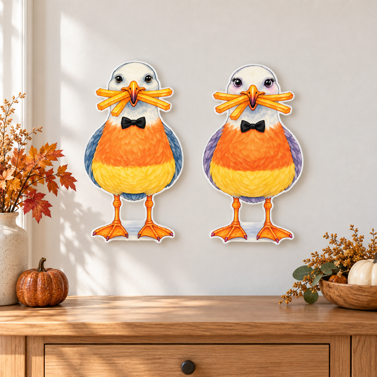Halloween Candy Corn Coastal Yard Signs, Set of 2, 12 Inch PVC Sully and Sally, Beach House Fall