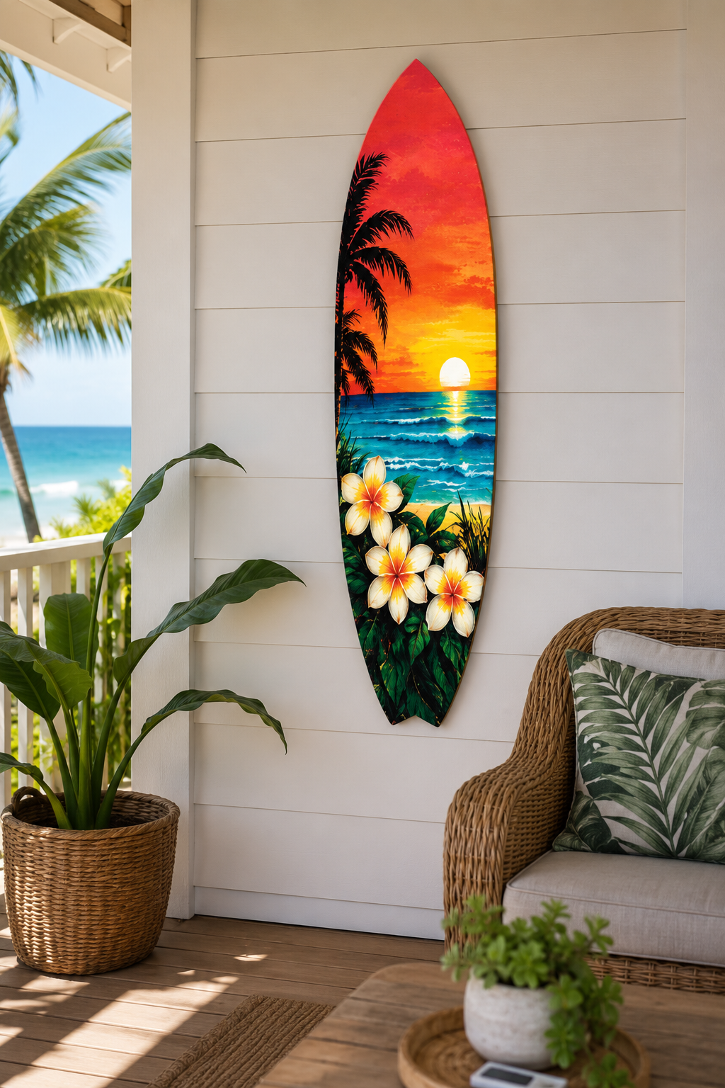 Tropical Surfboard with Palm Trees and Plumeria Flowers