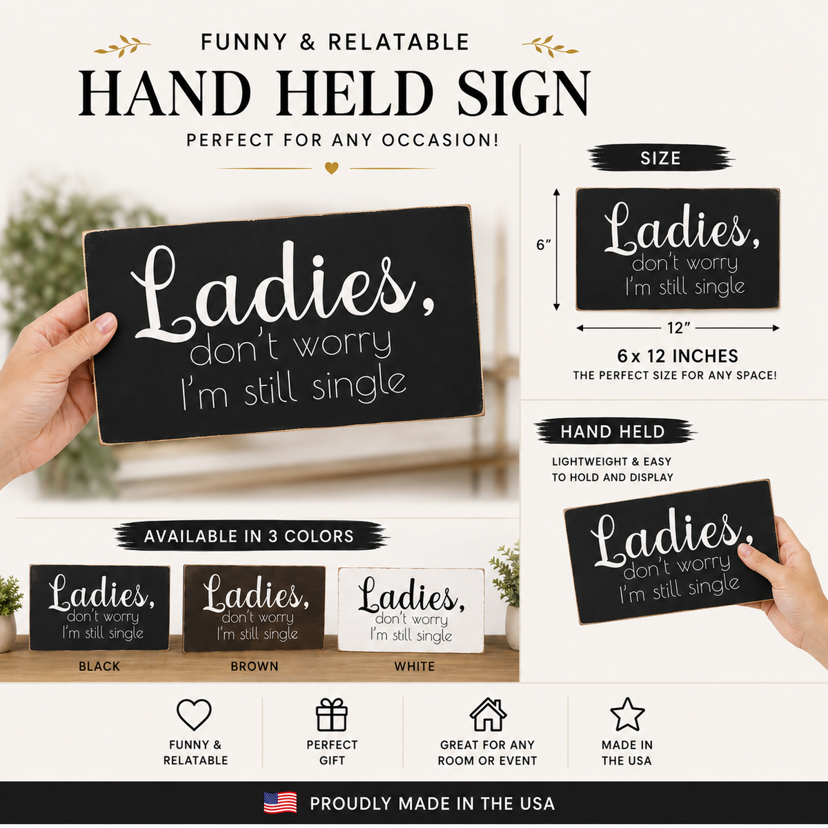 Funny Wedding Signs for Ring Bearer, Ladies Don't Worry I'm Still Single Wood Ring Bearer Sign for Wedding Ceremony, Black