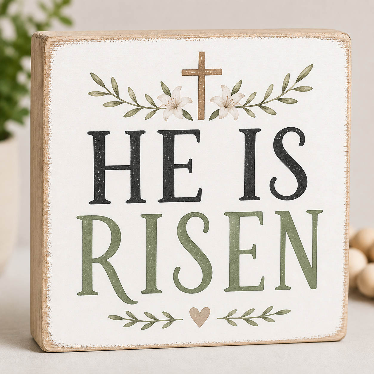 He Is Risen Easter Block Sign, 5x5 Decorative Shelf Block