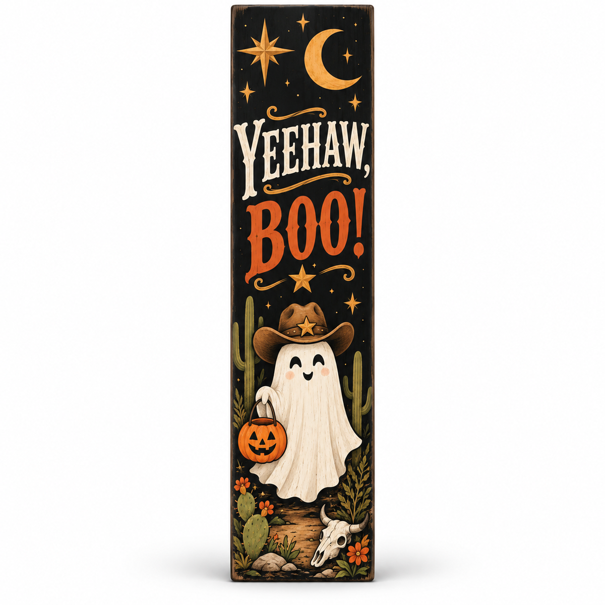 Yeehaw Boo Cowboy Ghost Halloween Porch Sign – Western Halloween Porch Board Decor