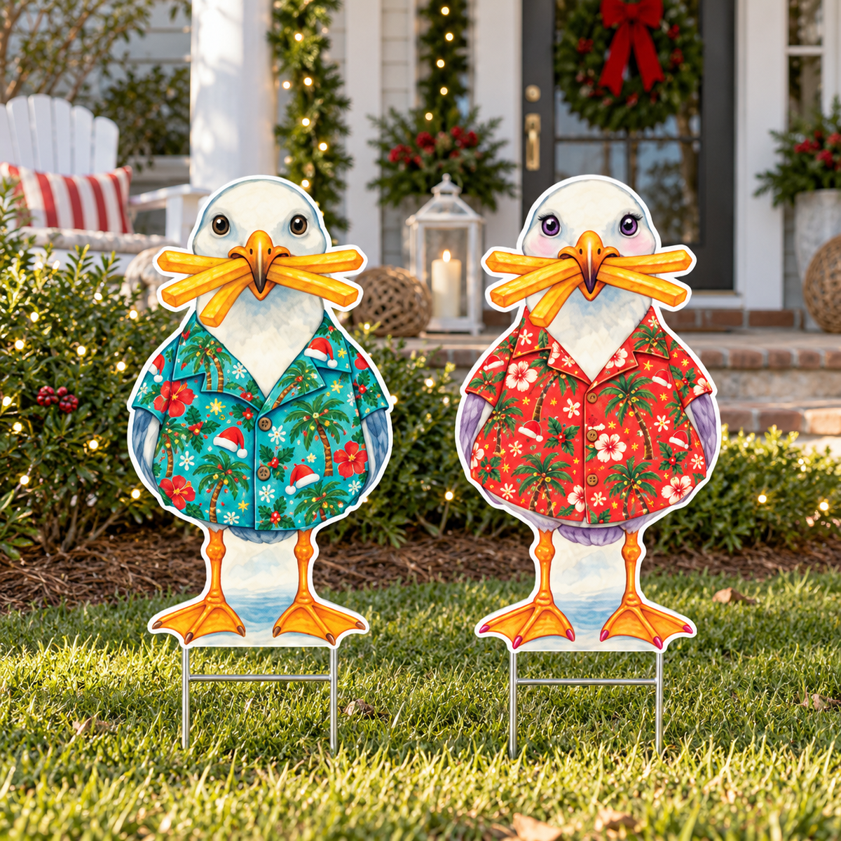 Funny Cute Christmas Tourists Yard Signs, Set of 2, Coastal Garden Decor, 12 Inch PVC Sully & Sally