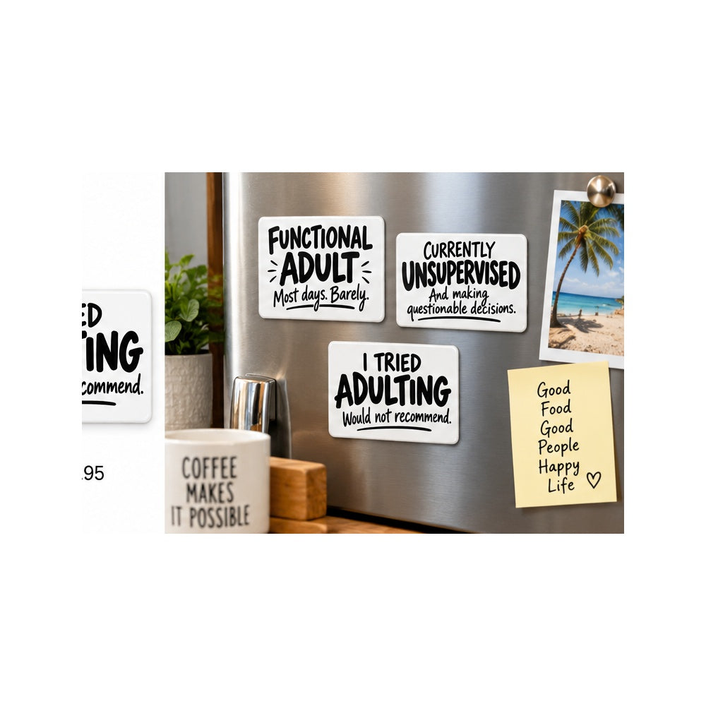MAGSET2 set of three 4.5 by 3 inch PVC magnets displayed on a refrigerator