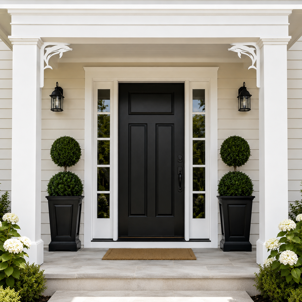 A black front door with white trim, flanked by tall black planter boxes with green topiary trees, set against a beige exterior wall under a white porch.