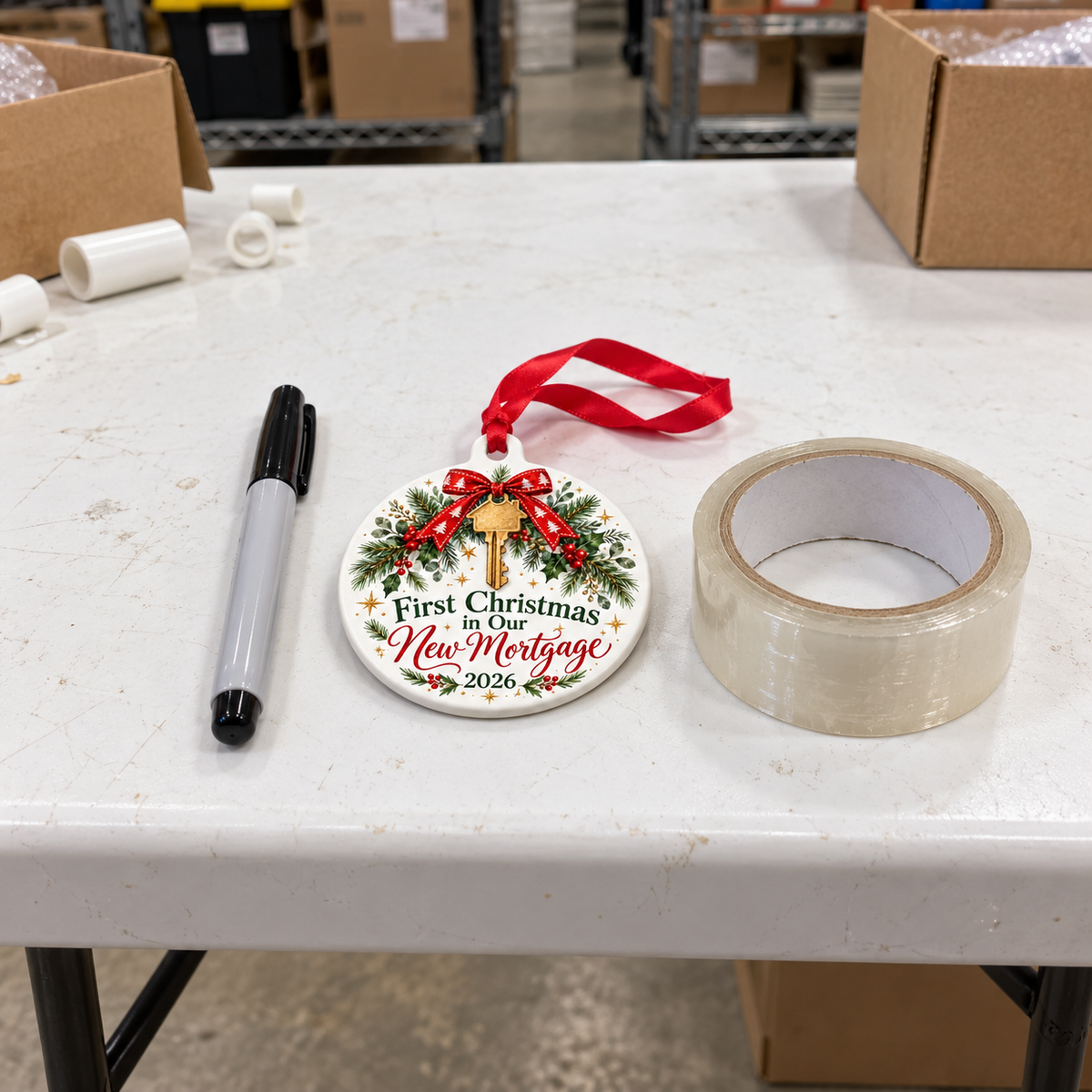 First Christmas in Our New Mortgage 2026 Ornament – Funny New Home Gift shown at realistic 4-inch size on a thick white folding warehouse work table