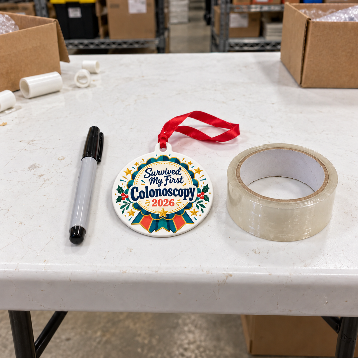 Survived My First Colonoscopy 2026 Ornament – Funny Medical Milestone Gift shown at realistic 4-inch size on a thick white folding warehouse work table